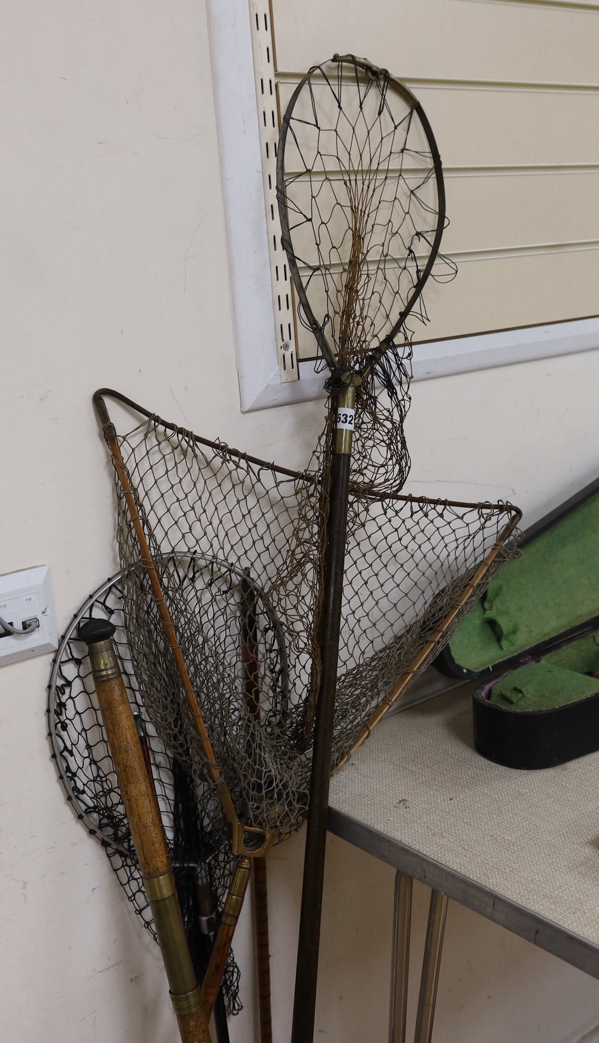 Fishing/ Angling: a creel, rods and landing nets- longest net 158cms